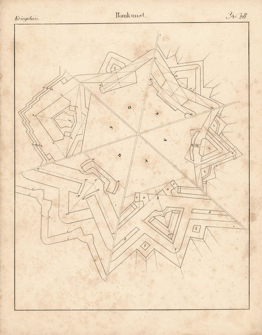 Kriegsbau, Baukunst. Nr. 28. Festungsbau. Lithografiertes Blatt von 1830.