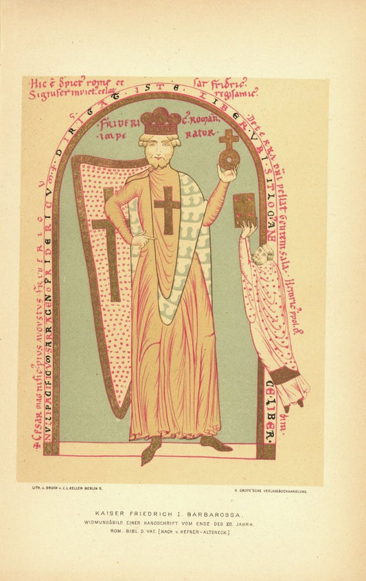 Kaiser Friedrich I: Barbarossa, Handschrift des 12. Jhd. Lithografie von 1884