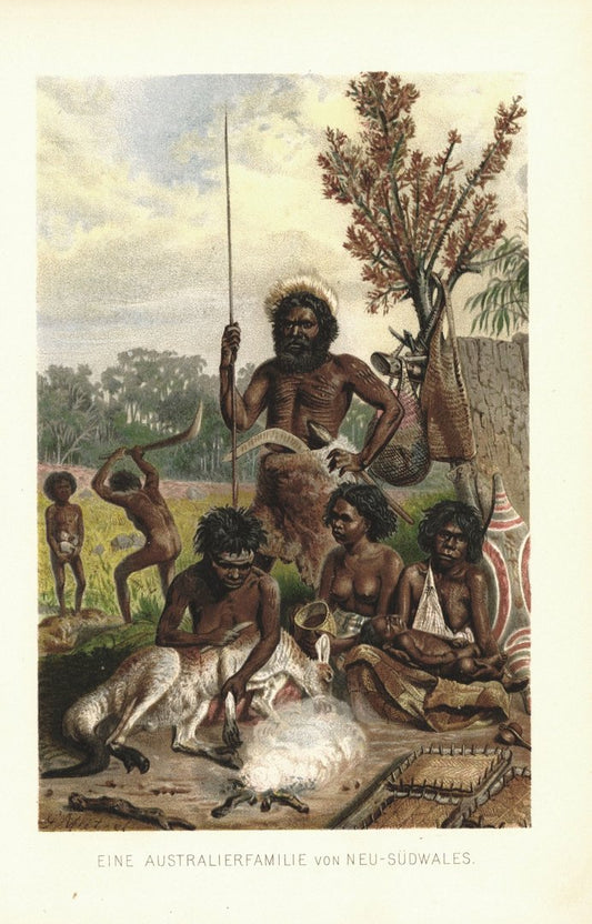 Eine Australierfamilie von Neu-Südwales. Lithografie von 1886