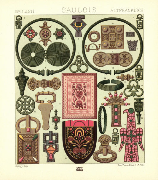 Gallisch und Merowingisch. Geschmiedeter Schmuck, Goldschmiedehandwerk. Lithografie von 1888. (T58)