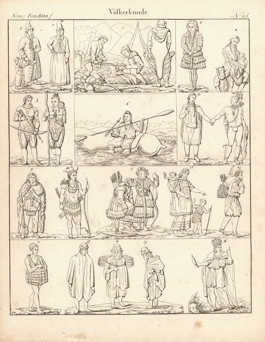 Amerikanische Stämme, Völkerkunde Nr. 15. Lithografiertes Blatt von 1830.