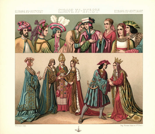 Europa zum Ende des 15. Jhd. Hüte, Hauben, Bänder, Juwelen. Lithografie von 1888. (T248)