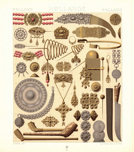 Holland. Bäuerlicher Schmuck, Alltagsgegenstände. Lithografie von 1888. (T423)