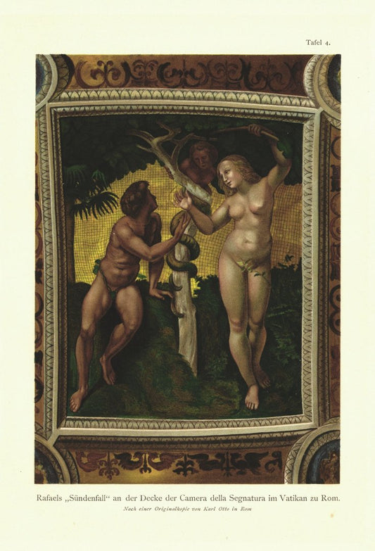 Rafaels Sündenfall an der Decke im Vatikan zu Rom. Lithografie von 1905