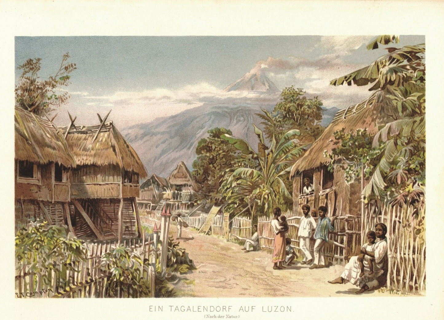 Ein Tagalendorf auf Luzon. Philippinen. Lithografie von 1892