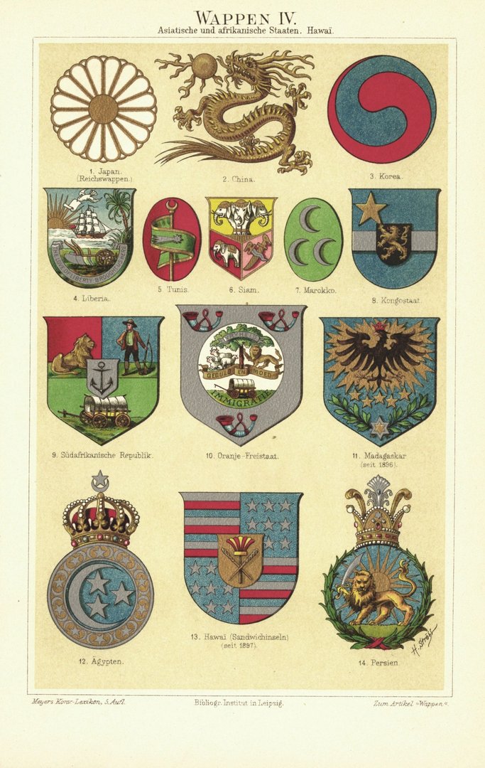 Wappen IV. Asiatische und afrikanische Staaten, Hawai. Lithografie von 1896