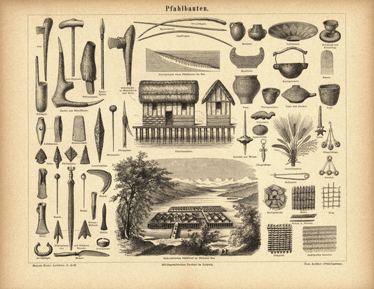 Pfahlbauten . Buchillustration (Stich) von 1877