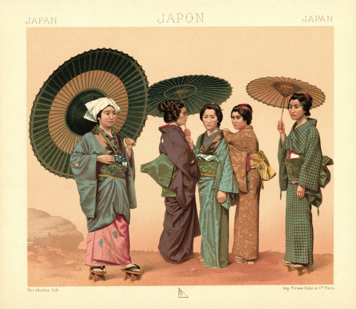 Japan. Frauenkleidung, Familienwaffen, Gürtel, Schirme. Lithografie von 1888. (T101)
