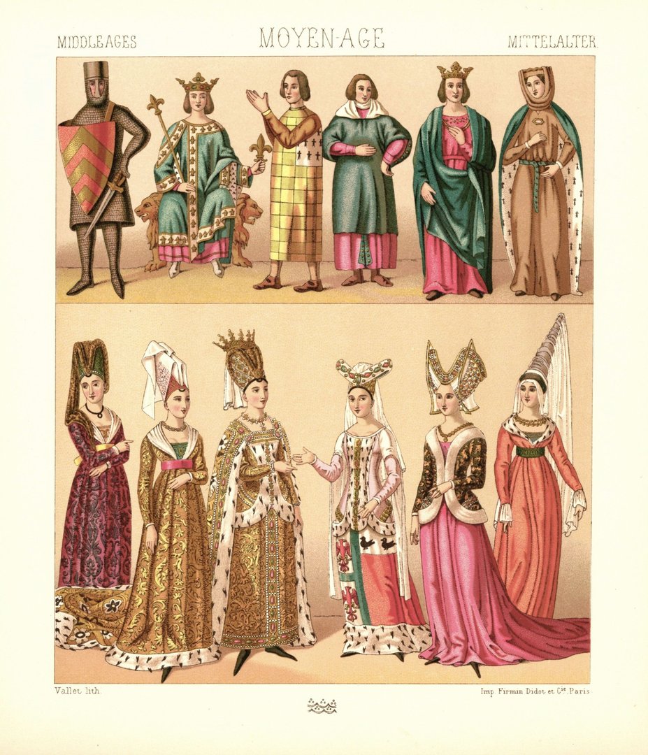 Mittelalter. Frankreich. 12.-15. Jhd. Adel, Militärische Trachten. Lithografie von 1888. (T208)