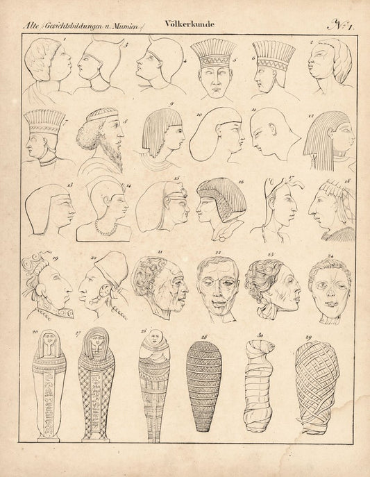 Alte Gesichtsbildungen und Mumien, Sardeckel u.a. Lithografiertes Blatt von 1830.