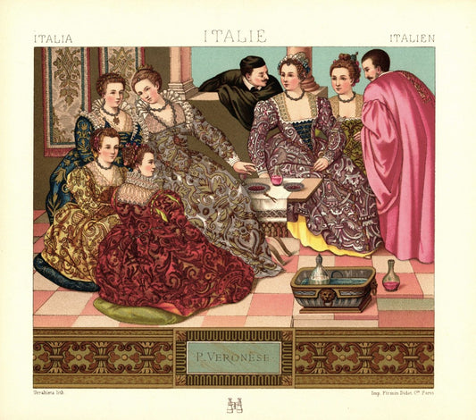 Italien. Venezianische Kleidung, zweite Hälfte 16. Jhd. Lithografie von 1888. (T288)