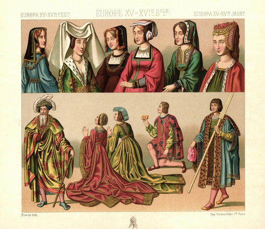 Frankreich. 15.-16. Jhd. zivile Kleidung, Kopfbedeckungen Königin. Lithografie von 1888. (T246)