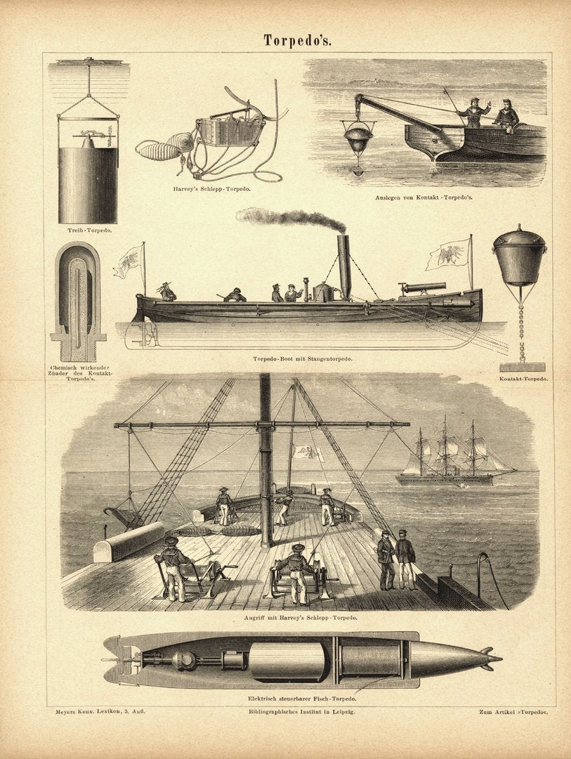 Torpedos. Buchillustration (Stich) von 1878