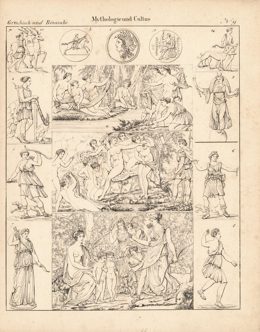 Mythologie und Cultus Nr.9 . Griechisch und Römisch. Lithografiertes Blatt von 1830.