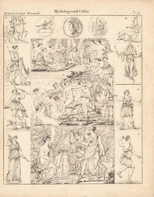 Mythologie und Cultus Nr.9 . Griechisch und Römisch. Lithografiertes Blatt von 1830.
