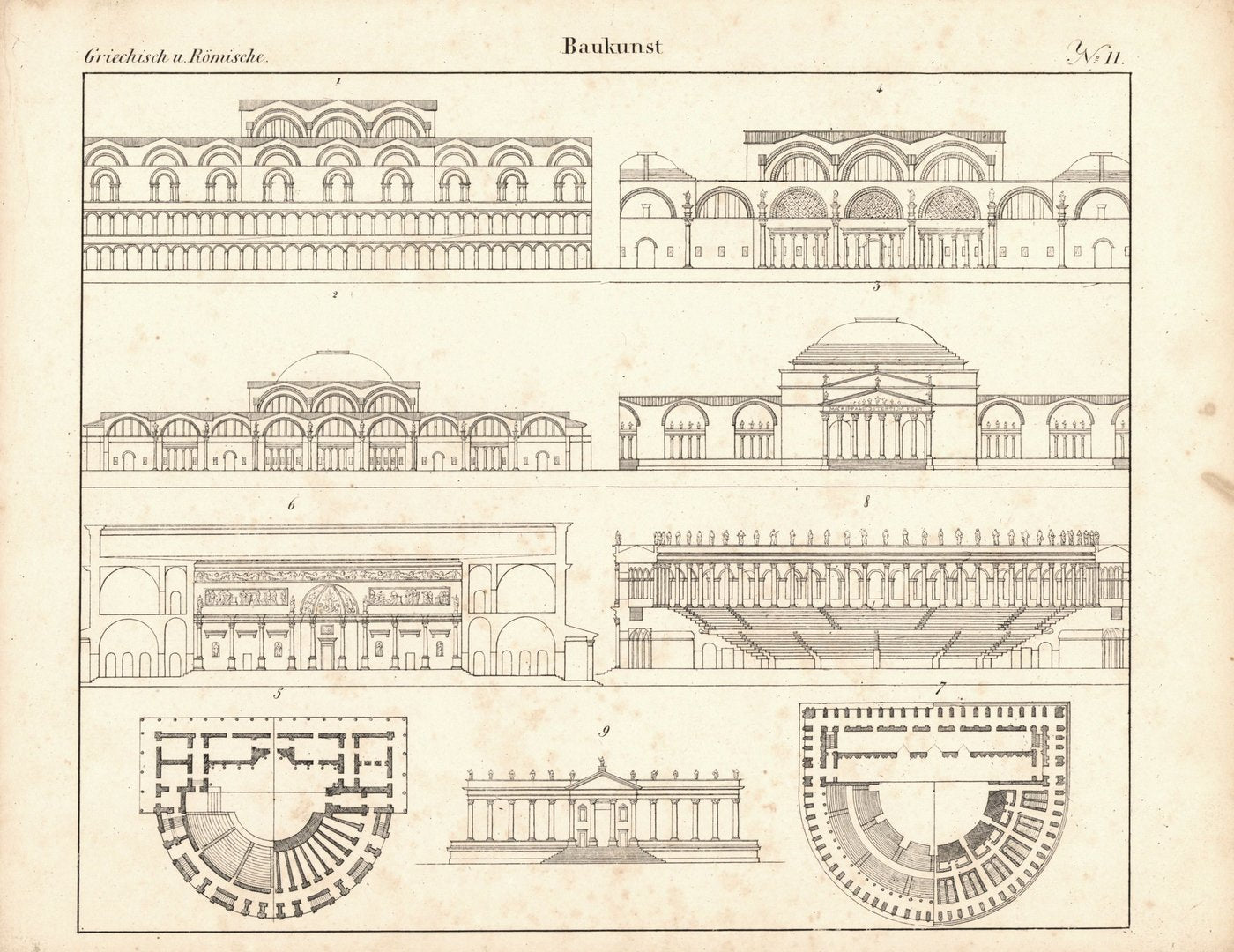 Griechische und Römische Baukunst Nr. 11. Lithografiertes Blatt von 1830.