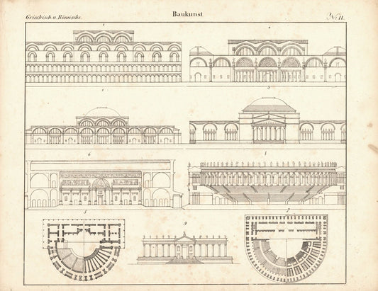 Griechische und Römische Baukunst Nr. 11. Lithografiertes Blatt von 1830.