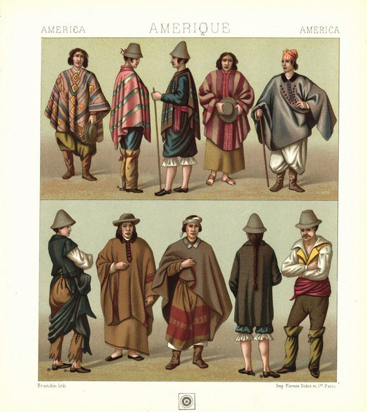 Chilenen, Mestizen, Araukaner, Spanische Kreolen und Guasos. Lithografie von 1888. (T77)