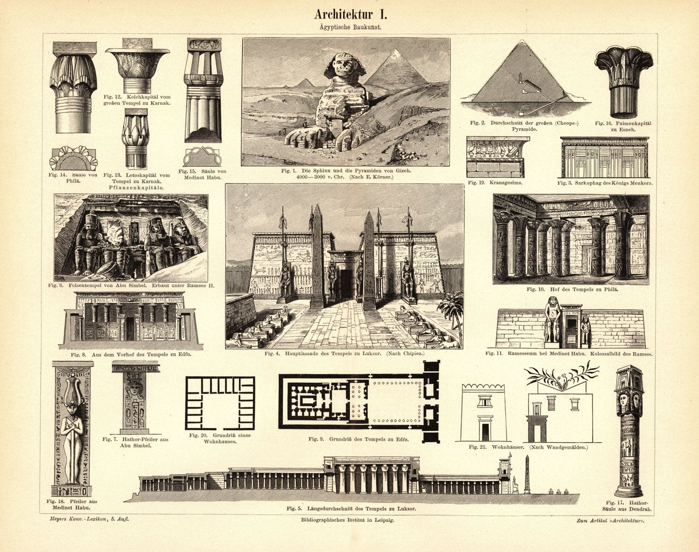 Architektur I. Ägyptische Baukunst. Buchillustration (Stich) von 1893