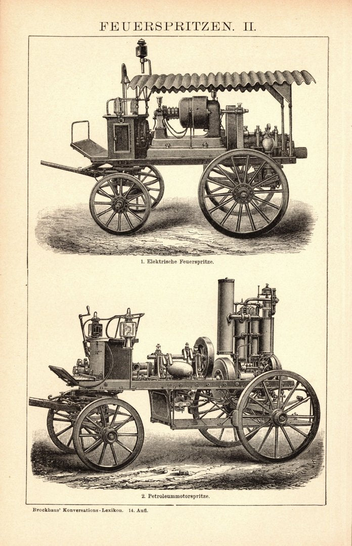 Feuerspritzen I-II; Feuerwehr. Buchillustration (Stich) von 1897