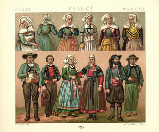 Frankreich. Bretagne. Trachten a. d. Departements Morbihan u. Finistre. Lithografie von 1888. (T492)