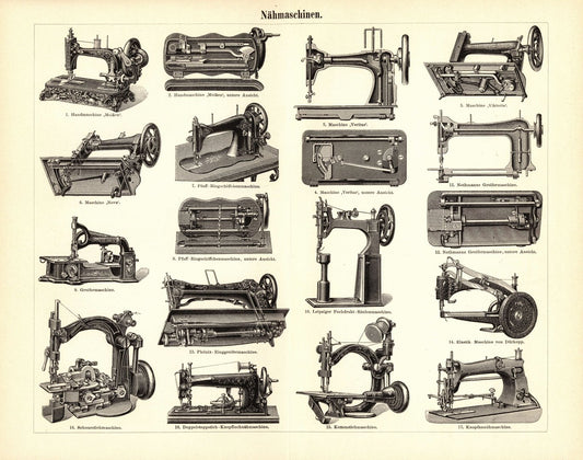 Nähmaschinen. Buchillustration (Stich) von 1897