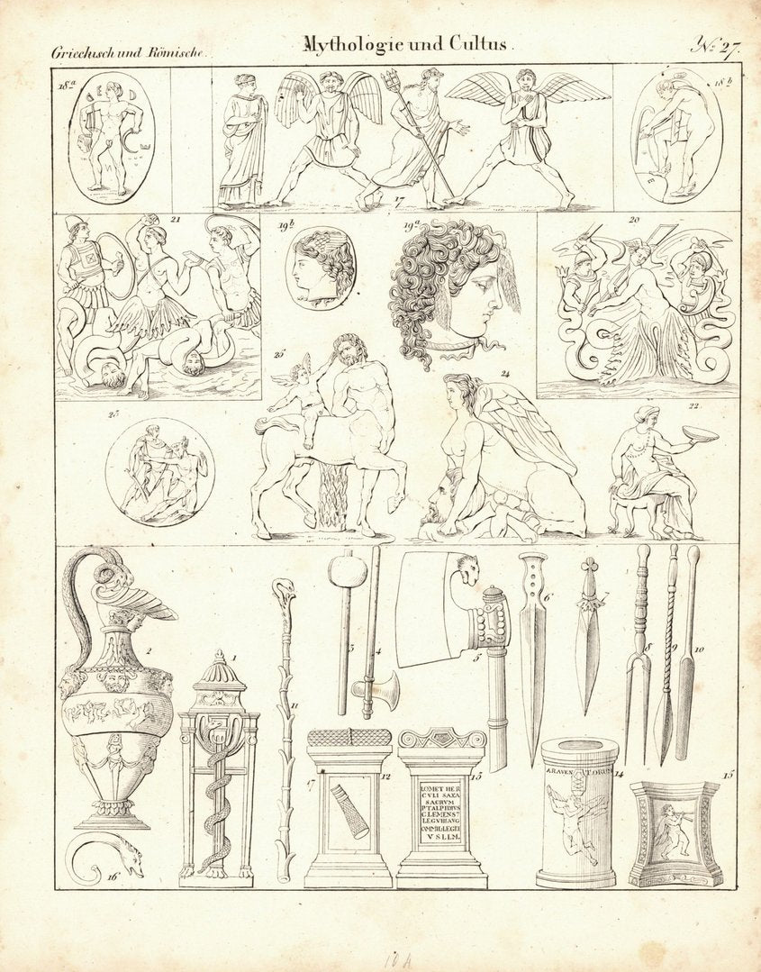 Mythologie und Cultus Nr. 27. Griechisch und Römisch. Lithografiertes Blatt von 1830.