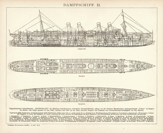 Dampfschiff. Buchillustration (Stich) von 1897