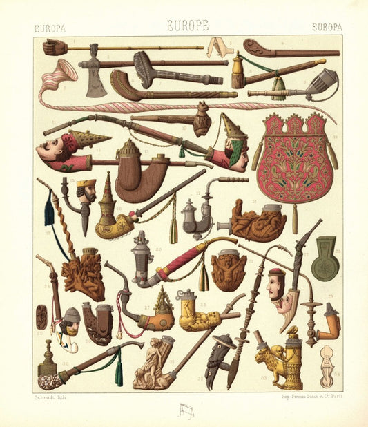 Europa.  Alte Pfeifen aus Deutschland, Norwegen, Frankreich, Italien. Lithografie von 1888. (T437)