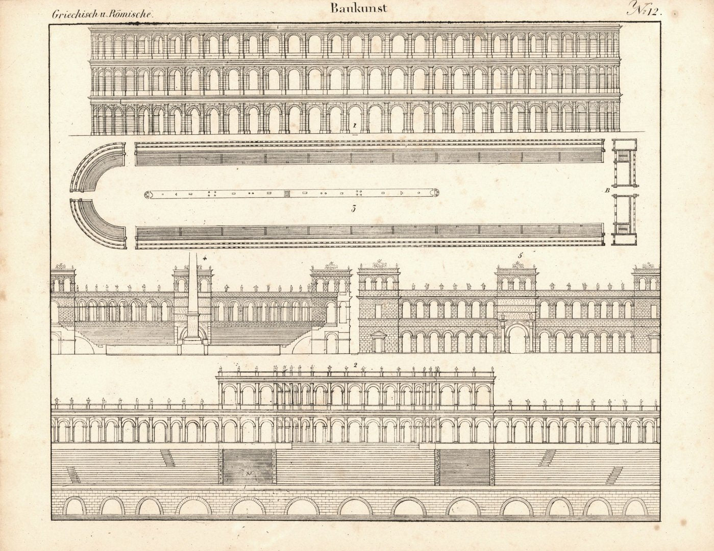 Griechische und Römische Baukunst Nr. 12. Lithografiertes Blatt von 1830.