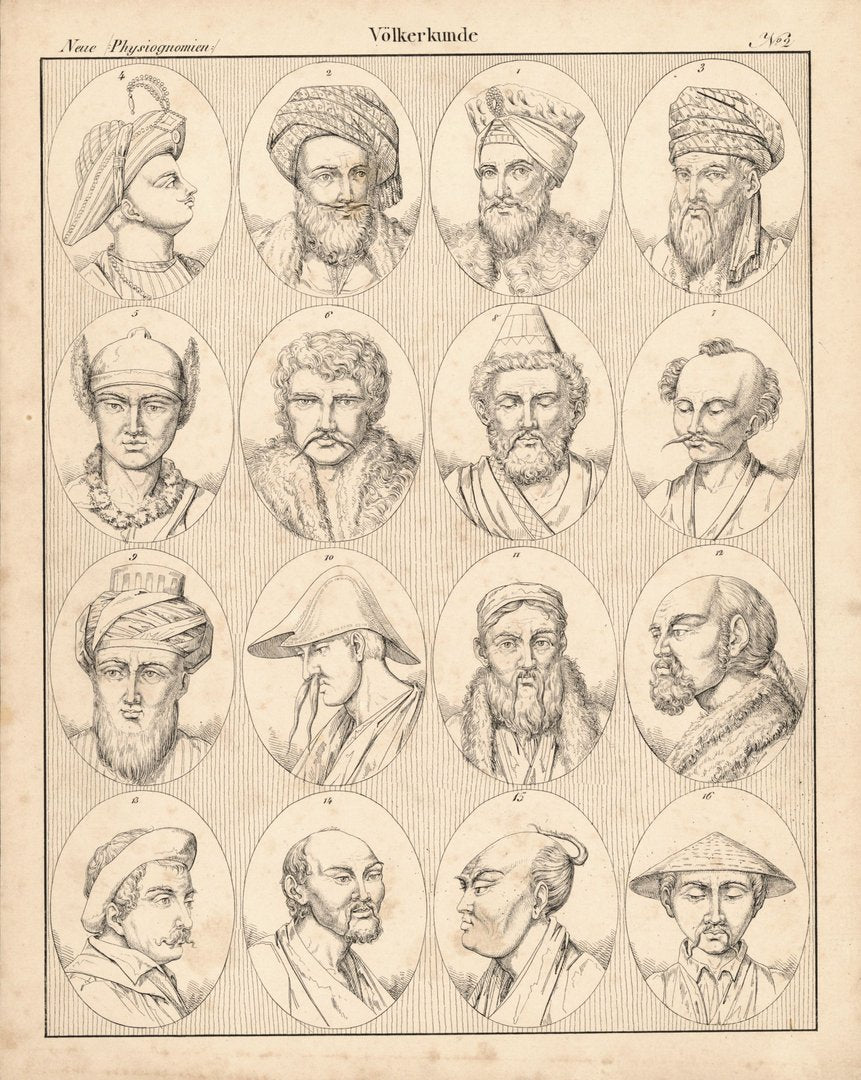 Neue  Physiognomien, Völkerkunde Nr.2 . Lithografiertes Blatt von 1830.