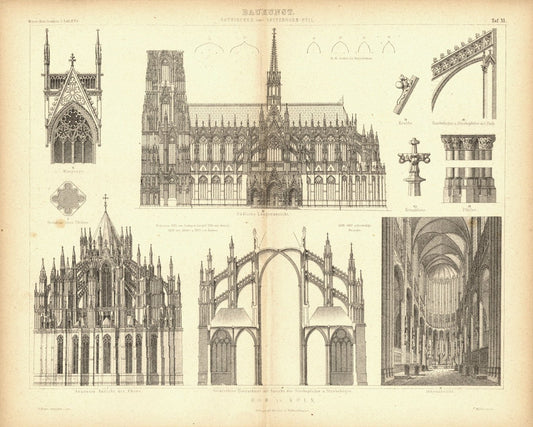 Baukunst, Gothischer oder Spitzbogen Stil, Kölner Dom u.a. Buchillustration (Stich) von 1874