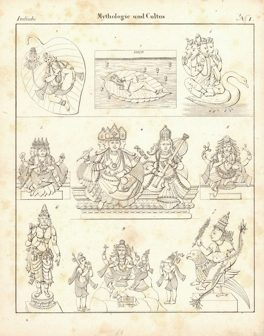 Indische Mythologie und Cultus Nr.1 . Lithografiertes Blatt von 1830.