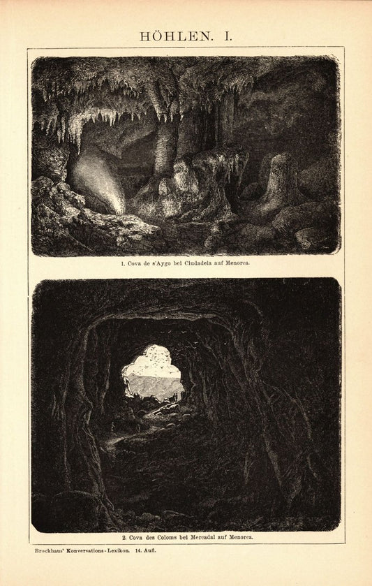 Höhlen. Buchillustration (Stich) von 1897