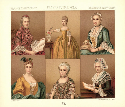 Frankreich. 1720-1789. Adel, Bürgertum, helle Farben. Damenkleidung. Lithografie von 1888. (T371)