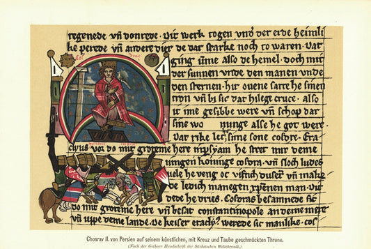 Chosrav II. von Persien auf seinem Tron. Lithografie von 1902
