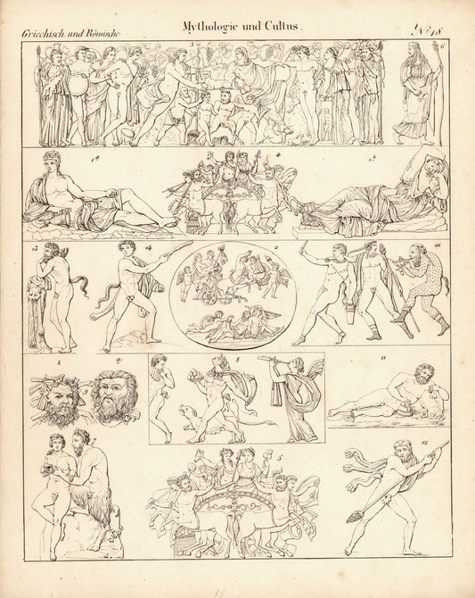 Mythologie und Cultus Nr.18 . Griechisch und Römisch. Lithografiertes Blatt von 1830.