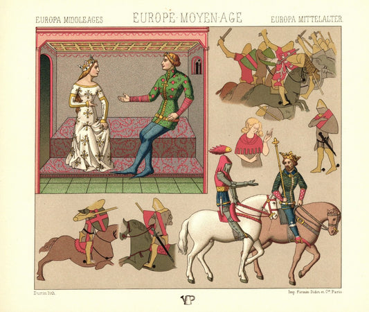 Mittelalter. Zivile und militärische Kleidung. 12.-15. Jhd.  Lithografie von 1888. (T205)