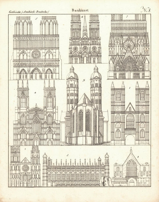 Gothische, arabische, deutsche Baukunst Nr.8. Lithografiertes Blatt von 1830.