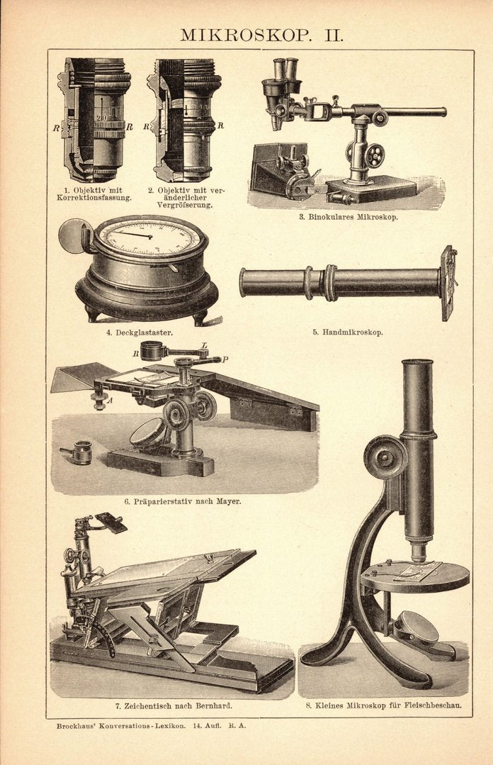 Mikroskop. Buchillustration (Stich) von 1897