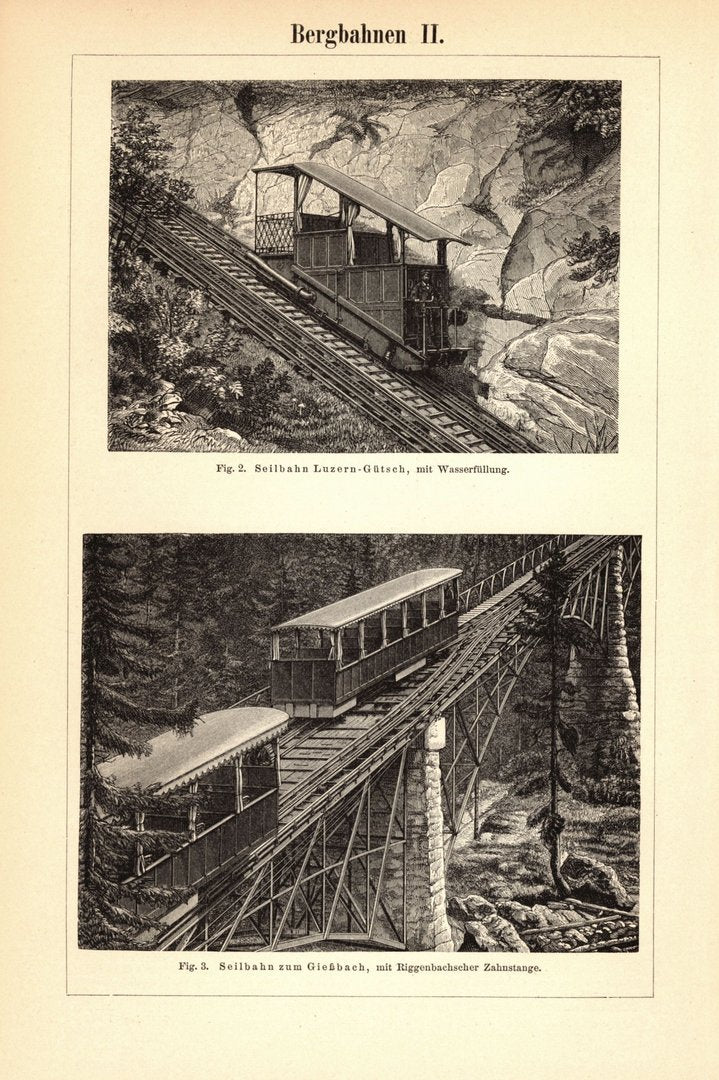 Bergbahnen II. Buchillustration (Stich) von 1893