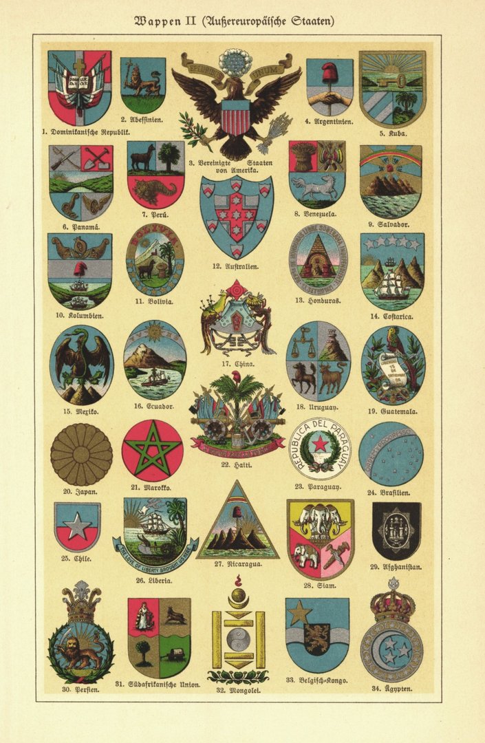 Wappen II; Außereuropäische Staaten. Lithographie von 1930