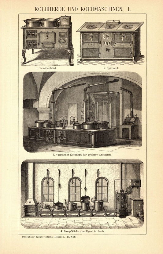 Kochherde und Kochmaschinen. Buchillustration (Stich) von 1897