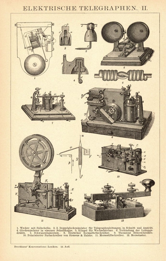 Elektrische Telegraphen I-II. Buchillustration (Stich) von 1897