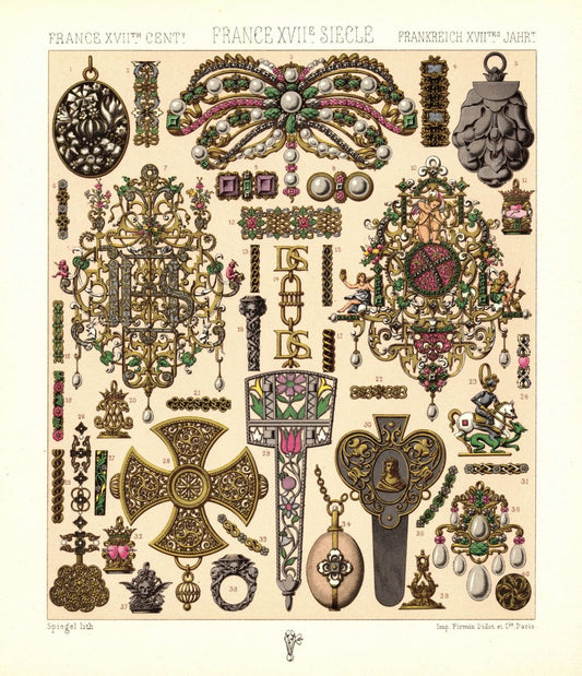 Frankreich. Schmuck, Emailschmuck, Alltagsgegenstände. 17.Jhd. Lithografie von 1888. (T341)