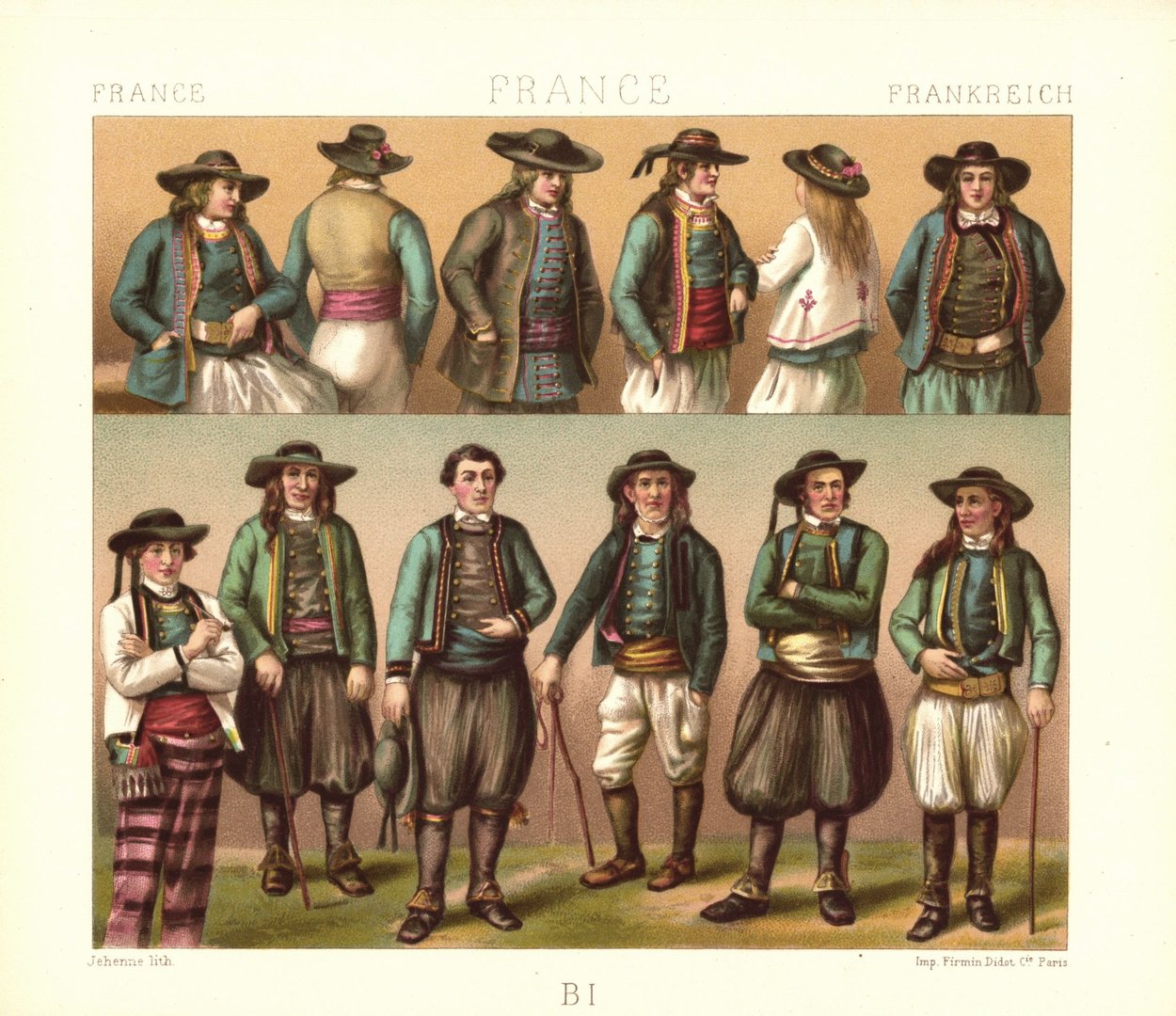 Frankreich. Bretagne. Männertrachten. Departement Finistere.  Lithografie von 1888. (T495)