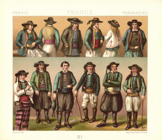 Frankreich. Bretagne. Männertrachten. Departement Finistere.  Lithografie von 1888. (T495)