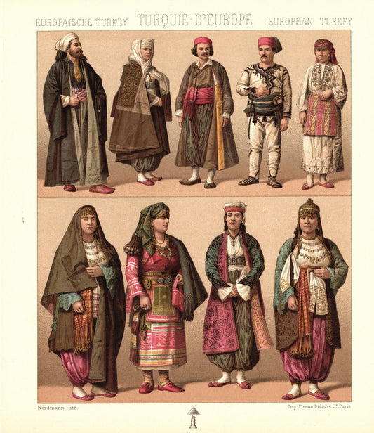 Europäische Türkei. Alltagstrachten, albanische Skipetaren.  Lithografie von 1888. (T462)