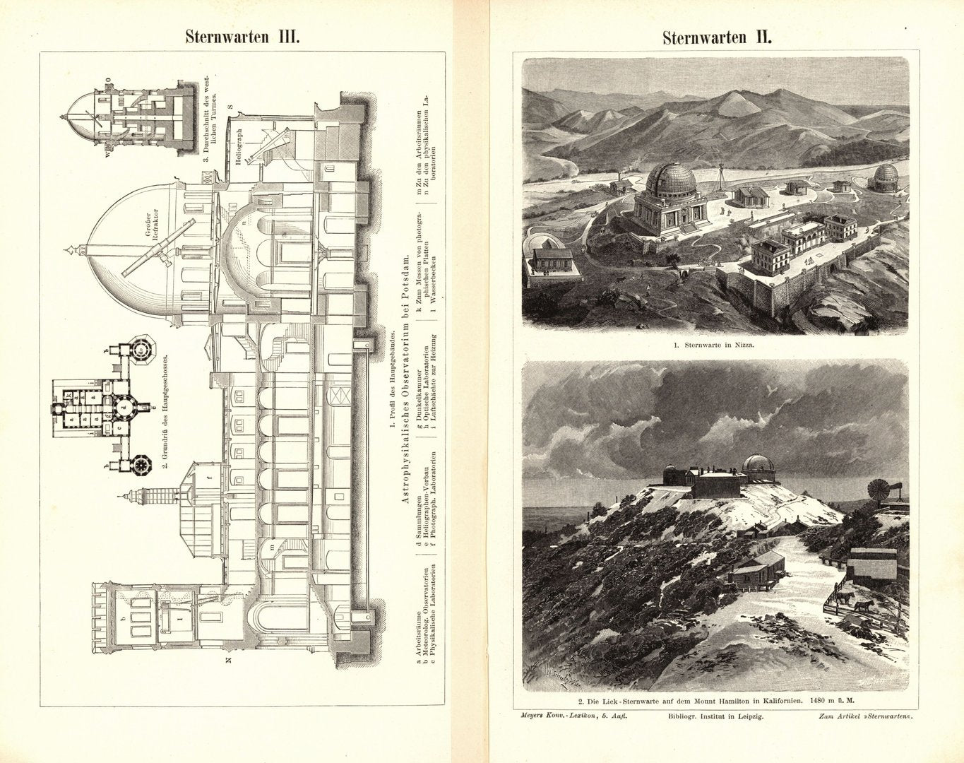 Sternwarten. Buchillustration (Stich) von 1897