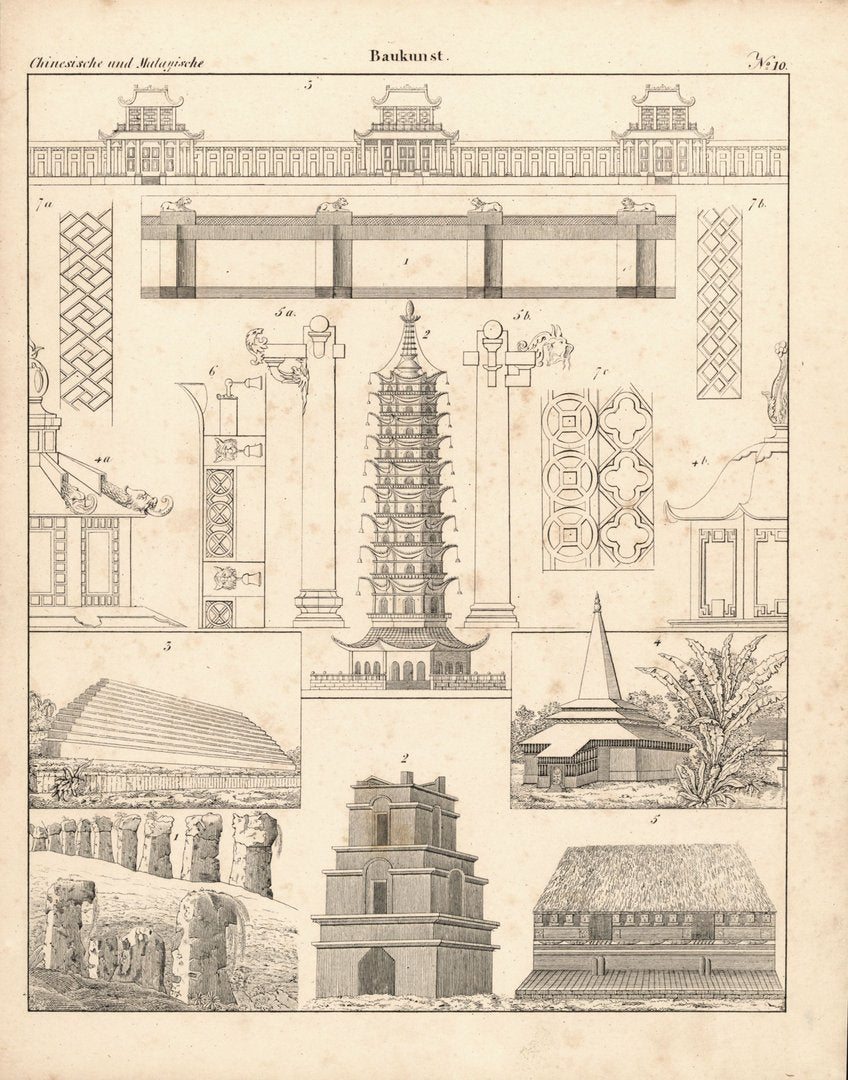 Chinesische und Malayische  Baukunst Nr. 10. Lithografiertes Blatt von 1830.